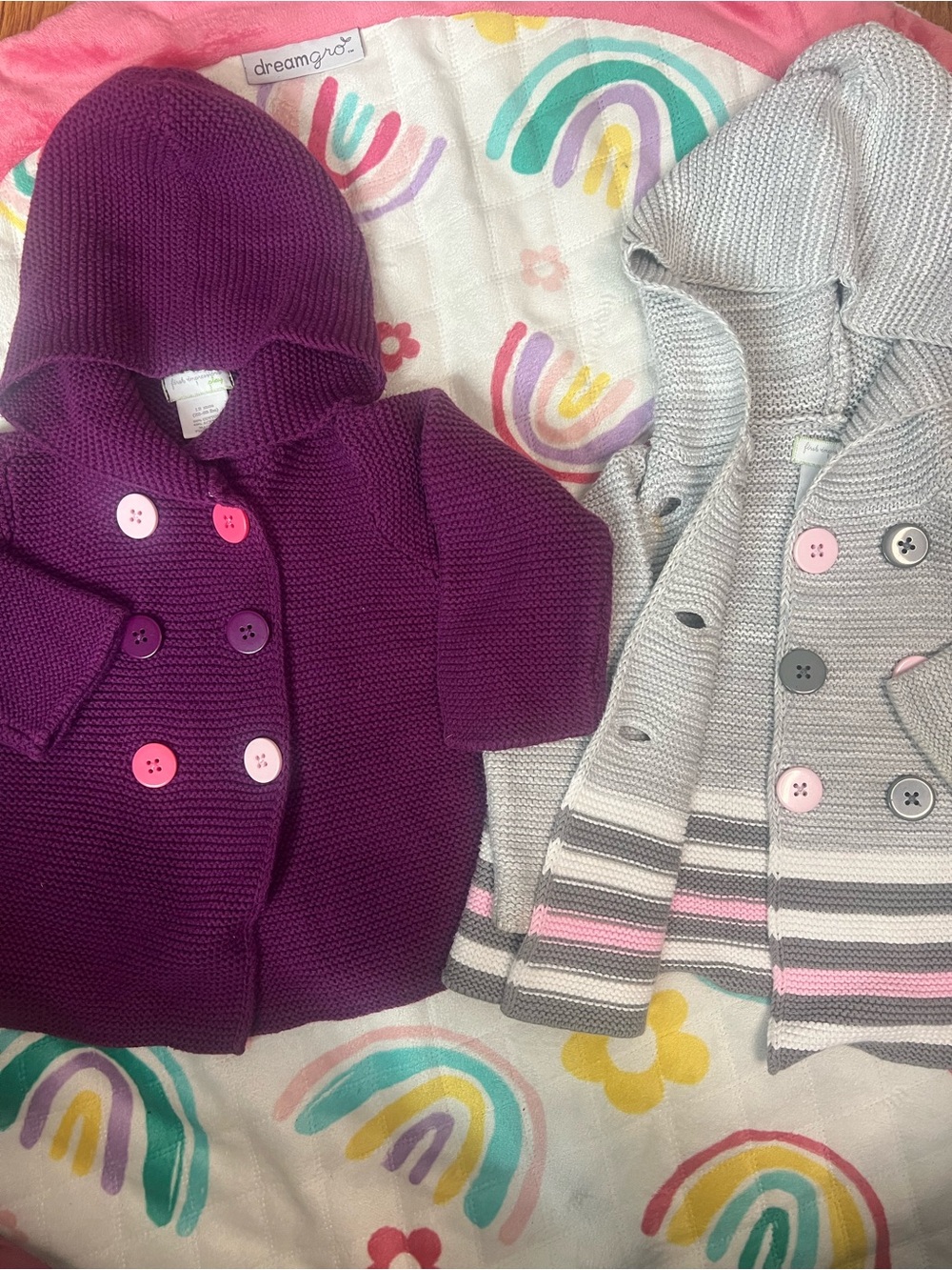 First Impressions Purple Hooded Knit Cardigan & Gray Striped Hooded Sweater